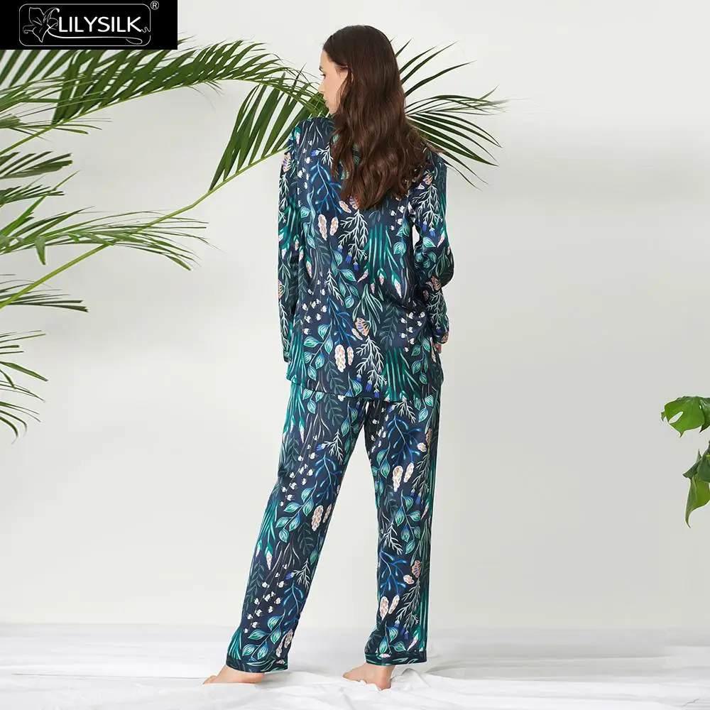 LilySilk пижамный комплект, женская пижама из чистого 100 шелка, одежда для сна с принтом растений, длинная Новая роскошная натуральная женская одежда