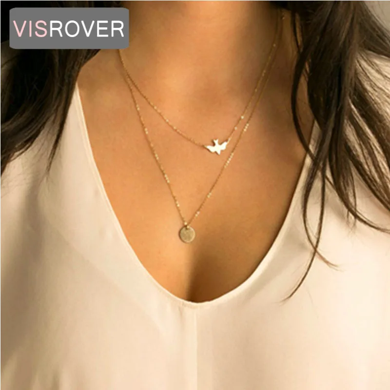 

VISROVER Layers Golden beautiful Necklace simple design fashion Delicate Bird long chain Necklace jewelry for girls gift