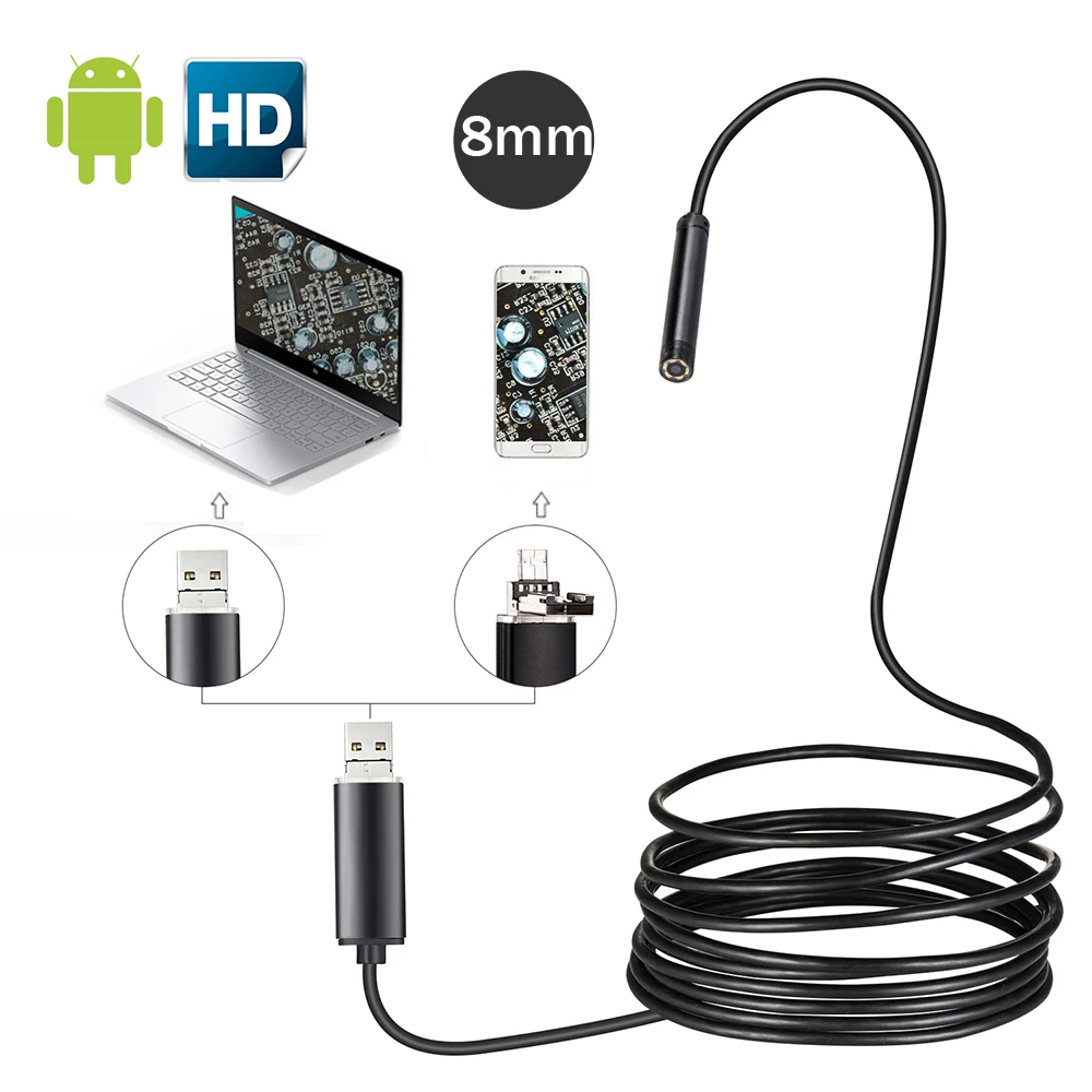 HD 2in1Android USB эндоскоп 8 мм объектив 1 м 5 м 10 м 8LED IP67 водонепроницаемый осмотр бороскоп трубка камера OTG Android телефон 720P