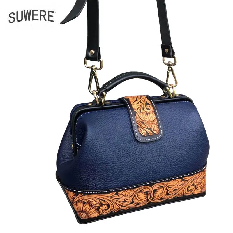 

SUWERER 2019 New Women Genuine Leather bags Handmade Carved luxury fashion cowhide shoulder bag designer women famous brands