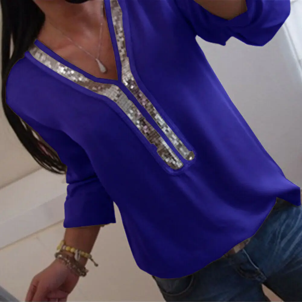 

Women Sexy V-neck Sequins Chiffon Blouse Shirt Spring Summer Elegant Office Lady Blouses Tops Plus Size S-5XL blusa feminina