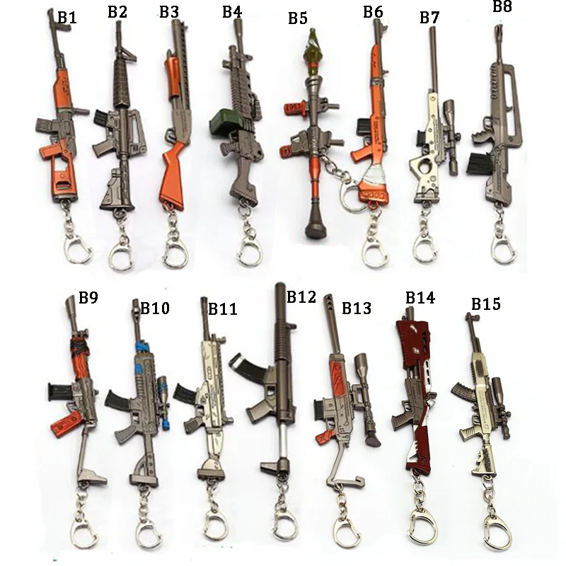 

Hot Game Battle Royal Keychain 15cm SCAR RPG Gun 12 Modles Shark Rocket Key Chain Ring Metal For Men Car Chveiro llavero Jewelry