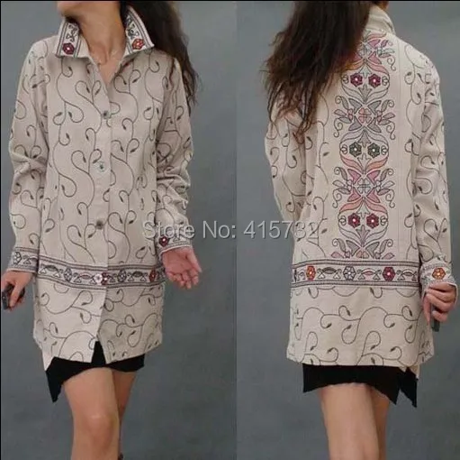 

Free Shipping Denim Trench Coat Vintage Embroidery Overcoat For Women National Trend Turn-down Collar Chinese Style Plus Size XL