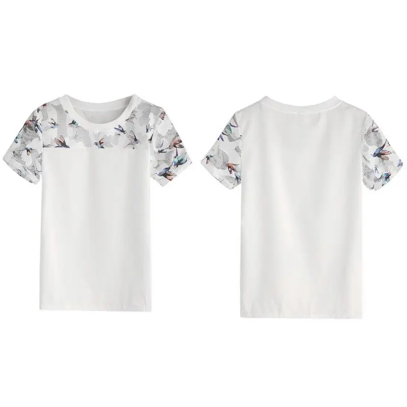 Сетчатая блузка с принтом птицы, топы для женщин, Летние повседневные белые блузки и топы, модная блуза с круглым вырезом и коротким рукавом