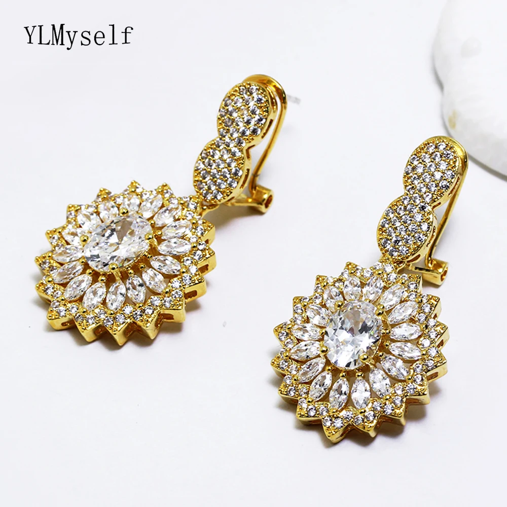 

Big wedding jewelry women earrings shiny cubic zirconia crystal jewellery Gold-color large party earrings
