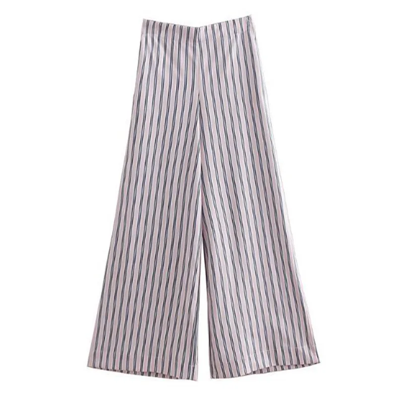 2019 Vintage Pink Striped Print Wide Leg Pants Sweet Holiday Woman Back Elastic High Waist Long Loose Casual Trousers
