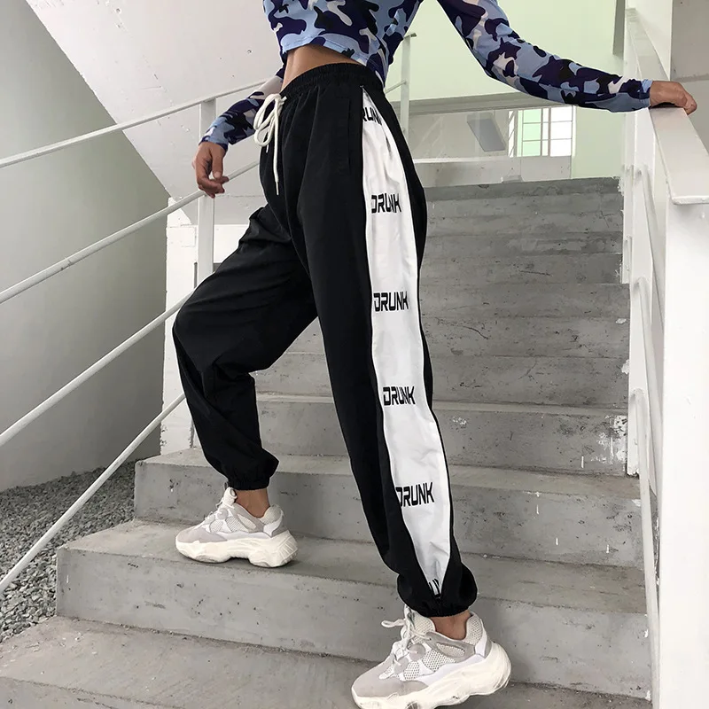 

Spring Casual Harajuku Pants Women High Waist Trousers Women Elastic Wiast Hip Hop Letters Black Sweatpants