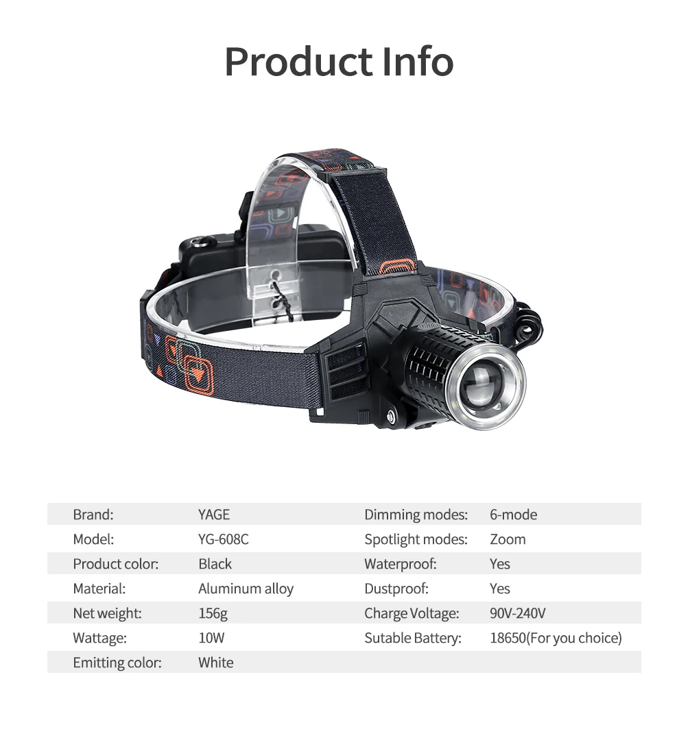 YAGE YG-608C налобный фонарь, USB светодиодный налобный фонарь, налобный светильник, налобный светильник светодиодный фонарь для рыбалки, шесть режимов для аккумулятора 18650