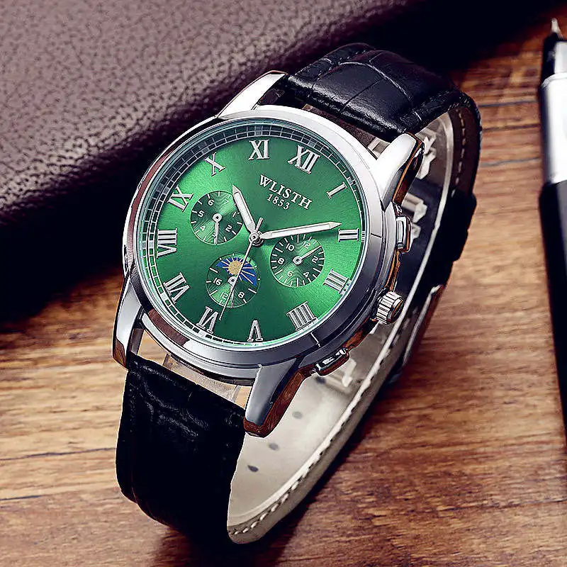 WLISTH мужские настольные спортивные светящиеся водонепроницаемые наручные часы для отдыха, мужские кожаные кварцевые часы Rolex_watch - Цвет: leather blackgreen10