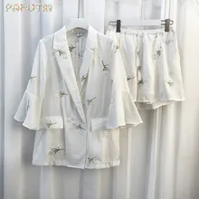 Crop Top And Skirt Set Special Offer 2017 New Women’s Suit Loose Fashion Embroidery Speaker Sleeve Shorts Two Sets Of Women
