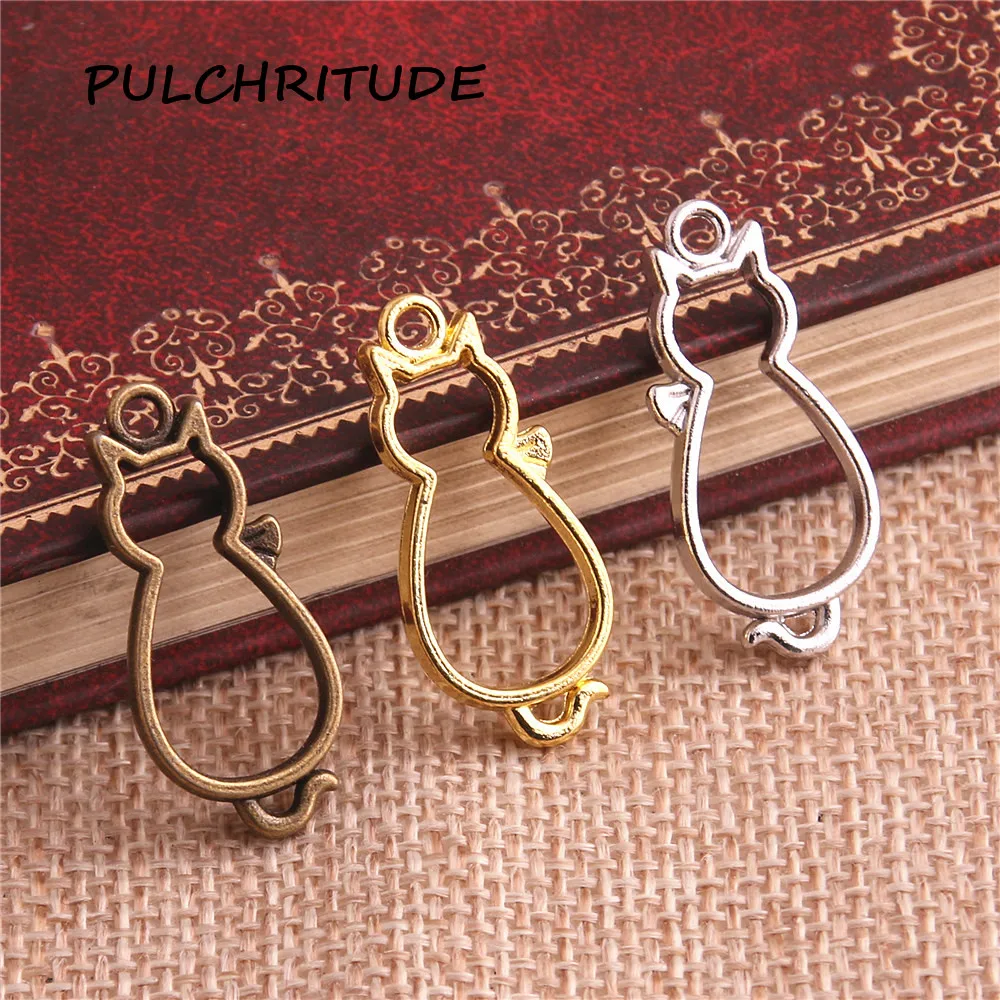 

PULCHRITUDE 30pcs/lot Metal Zinc Alloy Three Colors Small Cat Charm Animal Pendant Blank Tray Bezel Diy Jewelry Making c2108