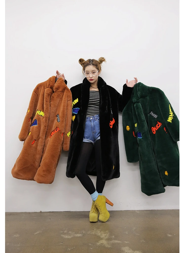 New fashion Long Warm Winter Faux Fur Coat Ladies long sleeve Army Green Yellow Embroidery Letter Outwear Female coat