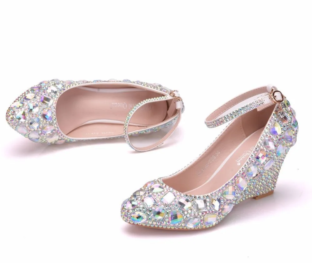 

Women Shoes Shiny Crystal Rhinestone Wedding Dress Shoes White Wedges High Heels 8CM Shallow Princess Bridesmaid Shoes Women