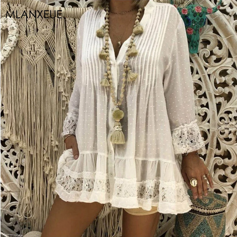 

Casual Lace Patchwork Sexy Tops Women Summer Vintage Chiffon Loose Chemise Female Solid Plus Size Beach Vogue T-Shirt For Ladies