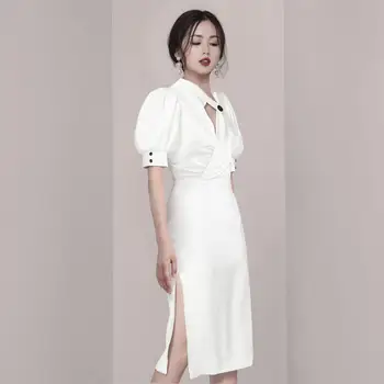 

2019 Dress Sexy Fashion Short Lantern Sleeve Slit Elegant Women V Neck White Vintage Night Club Body con Party Dresses Wholesale