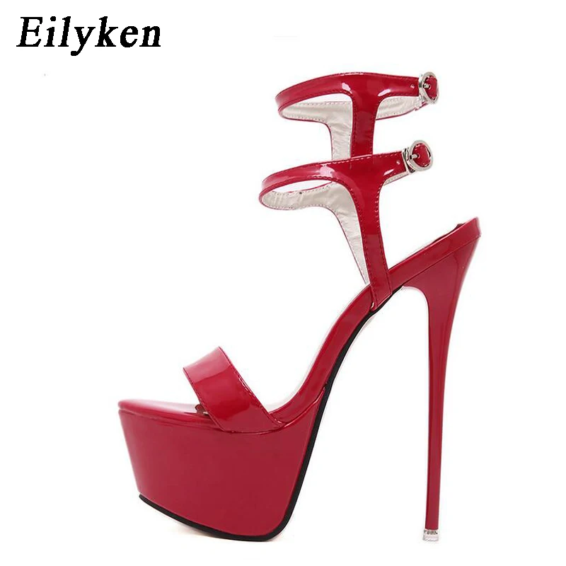 Eilyken/летние босоножки на платформе стильные пикантные женские босоножки 16 см туфли для ночного клуба на высоком каблуке с открытым носком и пряжкой черный цвет; большие размеры 34-46