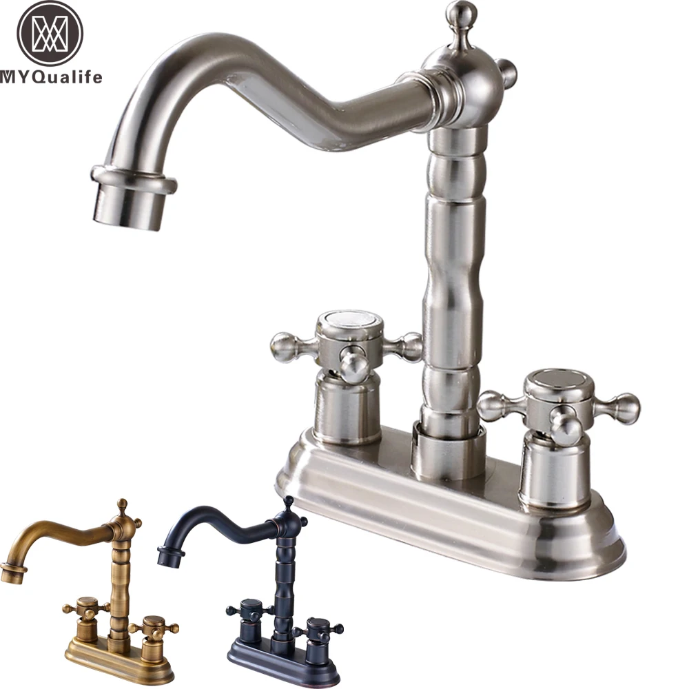 Deck Mounted Dual Handle Two Holes Bathroom Faucet Brass Swive Long