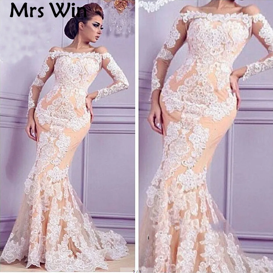 Champagne Mermaid Lace Prom Dresses 2017 Long Sleeves Off the Shoulder Beaded Lace Western African Prom Gowns Cheap Custom Made