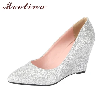 

Meotina Women Wedding Shoes 2018 Spring High Heels Wedges Pumps Silver Pointed Toe Slip On Shoes Big Size 9 42 43 Ladies Shoes