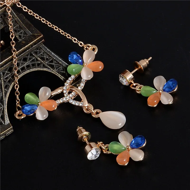 

New Design Colorful Cat's Eye Stone Jewelry Set Gold Color Chain Necklace For Women African Wedding Jewery Set