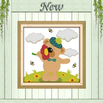 

Little bear smelling flower cartoon painting counted printed on canvas Cross Stitch kits DMC 11CT 14CT needlework Set embroidery