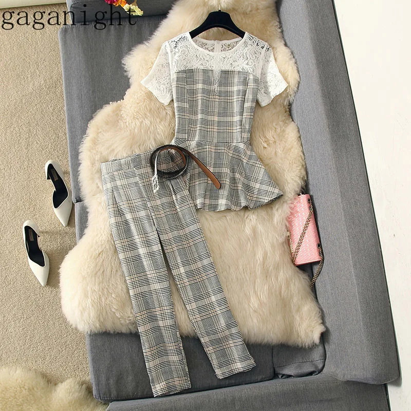 

Gaganight Elegant Summer Women Two Pieces Set Plaid Lace Short Sleeves Sash Ruffle Patchwork T Shirt Vintage Pant Elastic Waist