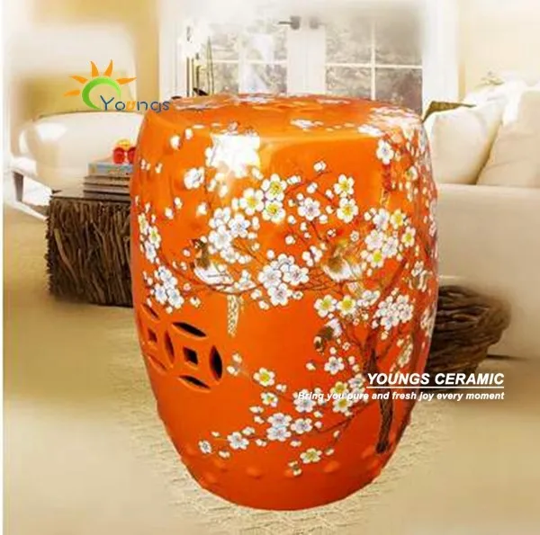 orange stool with plum bloosom bird design