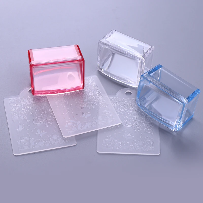 

1 Pc Red Blue Clear Handle Rectangle Nail Stamper Silicone Jelly Head with Scraper Nail Art Tool