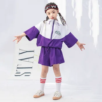 

New Children Jazz Dance Costumes Girls Loose Short Sleeve Purple Tops Shorts Suit Catwalk Show Hip Hop Performance Costume
