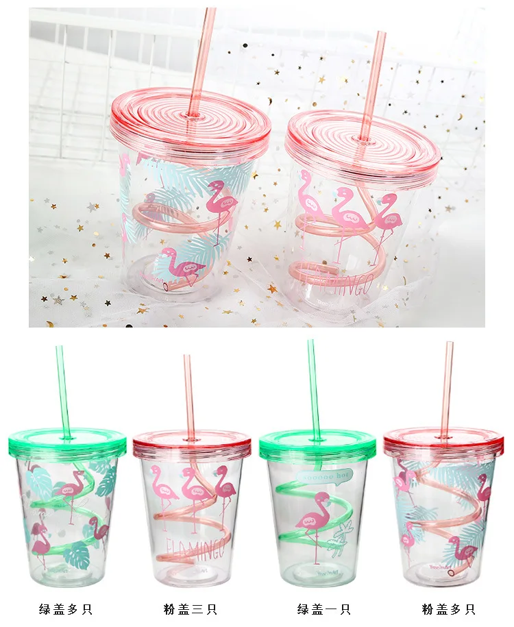 450ml Flamingo Cartoon Cute Plastic Straw Bottle Summer Outdoor Sport Cool Ice Water Bottle Women Office School Drink Bottles