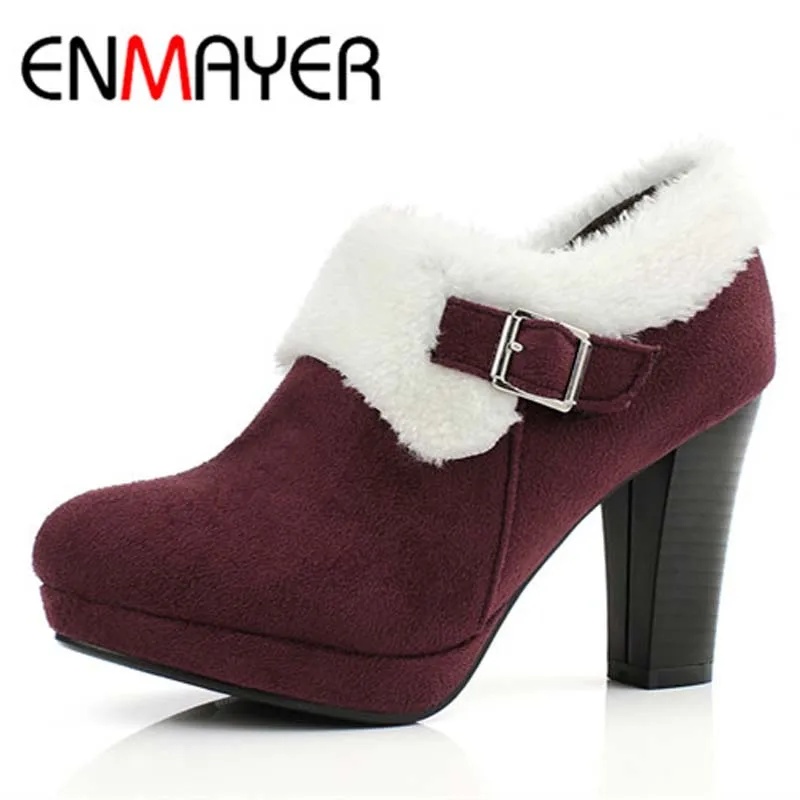 

ENMAYER Size 39 Advanced Stretch Matte Square High Heel Ankle Round Toe Zip Boots For Women Black Brown Red New Fashion Boots