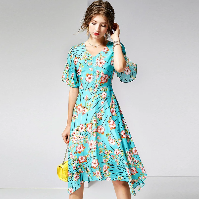 

New Fashion V-neck Outside Real Silk 100% Print Asymmetrical Dresses Summer Women's Wear High Quality Butterfly Sleevel Dresses