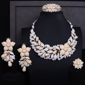 

GODKI Luxury Rose Flower Cluster Floral 2 Tone Women Wedding Cubic Zirconia Statement Necklace Earring Bangle Ring Jewelry Set