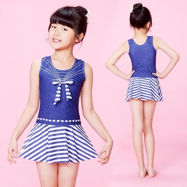 Best Price 2017 new Girls High Neck Bow tie swimwear stripe Blue denim skirt swimsuit Beach cute Children's One-Piece Suits