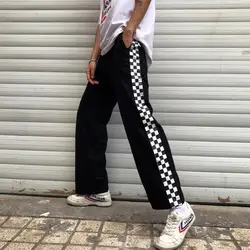 Harajuku Свободные Шахматная унисекс штаны Панк Черный Белый High Street длинные брюки