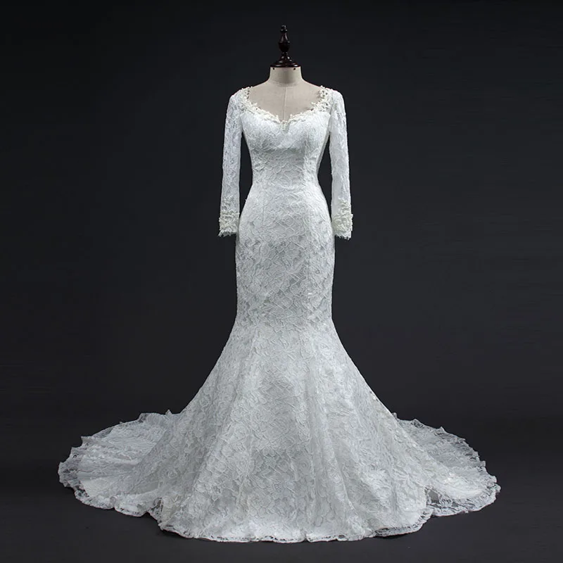 Holievery Lace Mermaid Wedding Dress with Pearls 2019 Button Covered Back Wedding Gowns Court Train Marriage Dresses