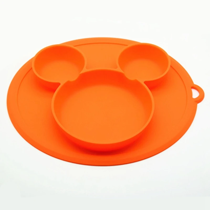 Детская безопасная силиконовая обеденная тарелка, однотонная детская посуда для всасывания, обучающая посуда для малышей, милая мультяшная детская миска для питомца - Цвет: OR