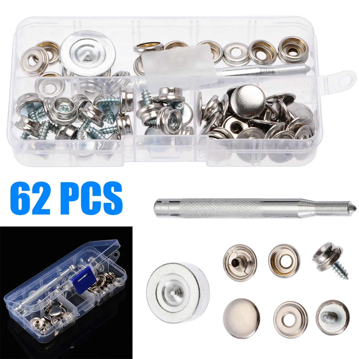 62pcs 5/8" 15mm Snap Fastener Screw Buttons Stainless Steel Material with Buttons Sockets and Screw Studs for Cover Boat Cover