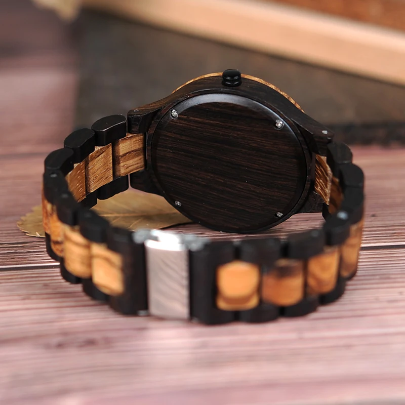 BOBO BIRD D30-1 Two-tone Zebra Wood & Ebony Wooden Watches Luminous Hands Quartz Wristwatch for Men in wooden Gift Box