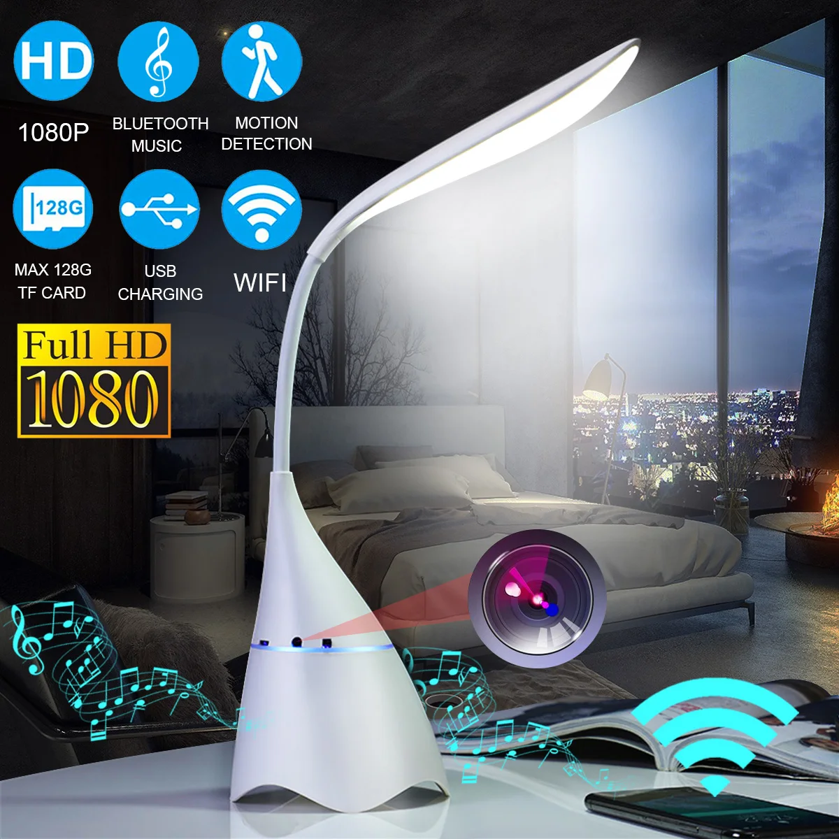 

Smuxi New Fashion Wireless Bluetooth Lamp Multifunction Desk Lamp Bluetooth Speaker WiFi Remote HD Camera With USB Charging Port