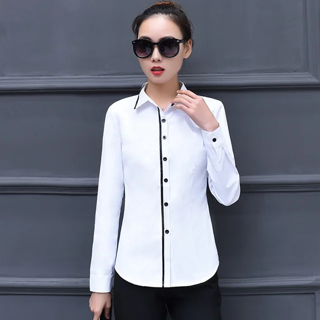 Black Striped Patchwork Lady White Shirts Plus Size S 3XL Long Sleeve ...