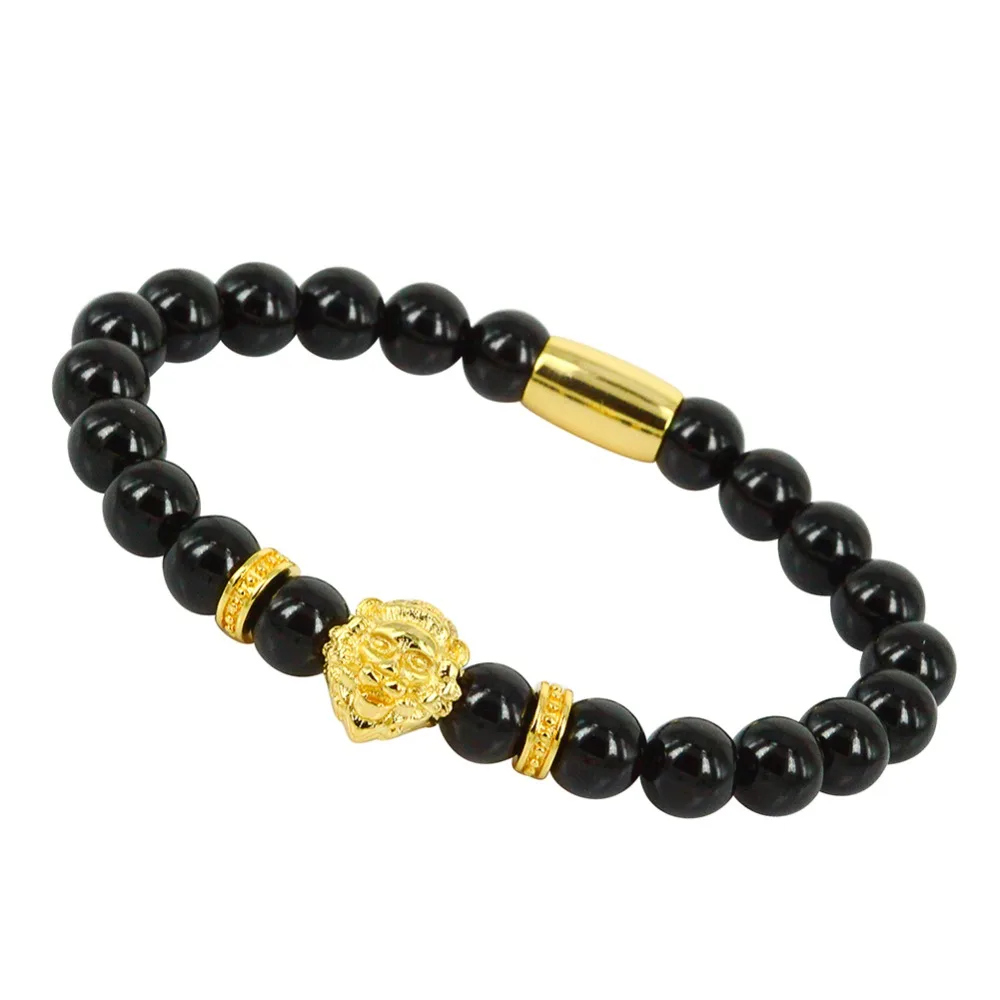 

4PCS Mix Color Men and Women Fashion Jewelry 8mm Genius Black Flash Gem Stone Beads Beaded Bracelets Lion Head Charm Bracelets