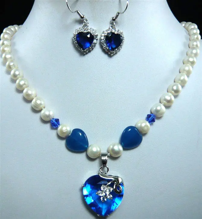 

Wholesale fast SHIPPING >>>> 1color!charm white pearl blue stone necklace +heart blue zircon pendant set (A0516)