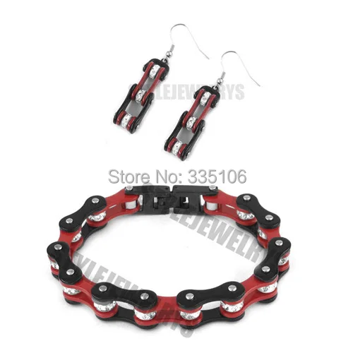 

Free shipping!Black & Red Bicycle Chain Earring and Bracelet Stainless Steel Jewelry Bling Trendy Motor Biker Women Set SJB0258L