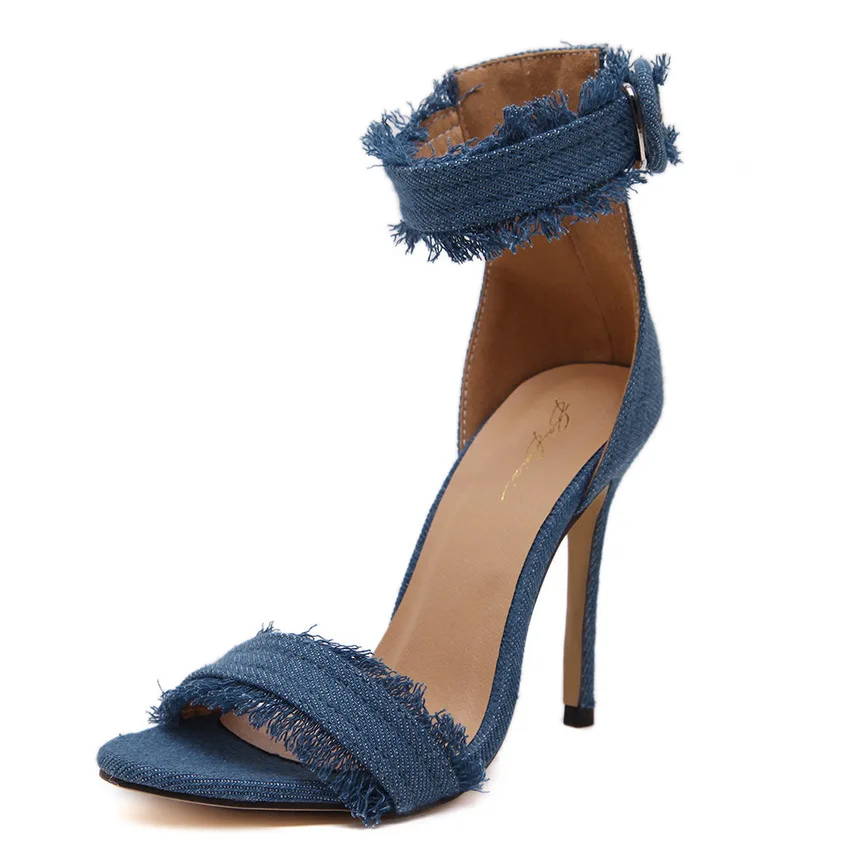 Women Desinger Denim Canvas Sandals Stiletto High Thin Heel Shoes Woman ...