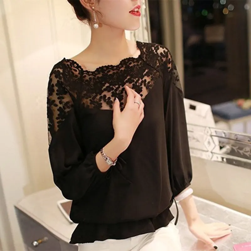 2019 White Blouse Women Summer Loose Casual Chiffon Long Sleeve Lace Black White Shirts Tops Blouse