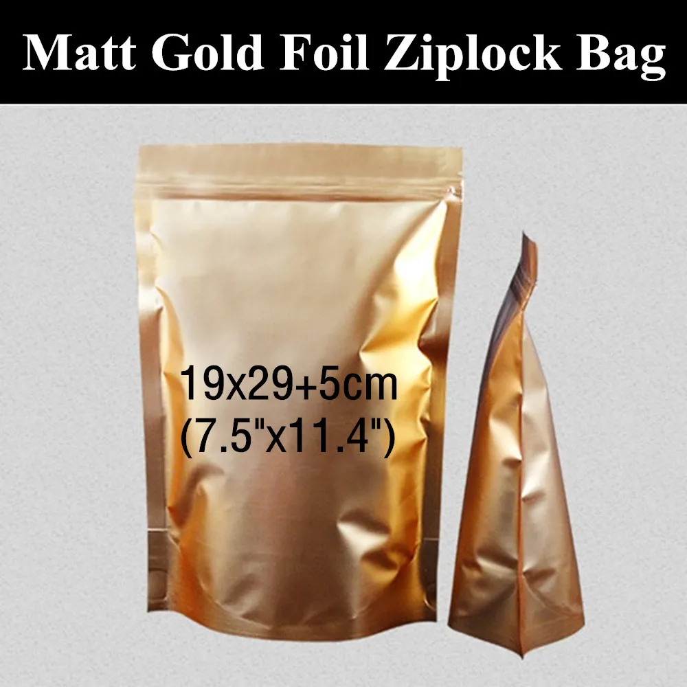 50pcs 19x29+5cm (7.5"x11.4") 180micron Matt Gold Aluminium Foil Ziplock