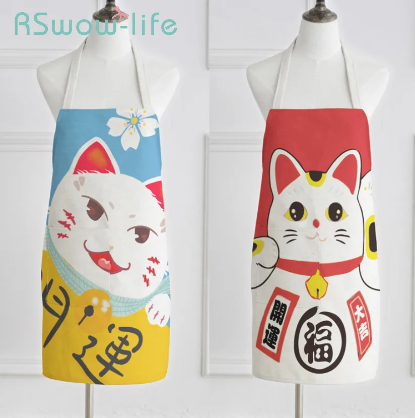 

Japanese Style Lucky Cat Apron Waterproof Anti-fouling Oil-proof Cotton Linen Sleeveless Kitchen Apron For Restaurant Supplies