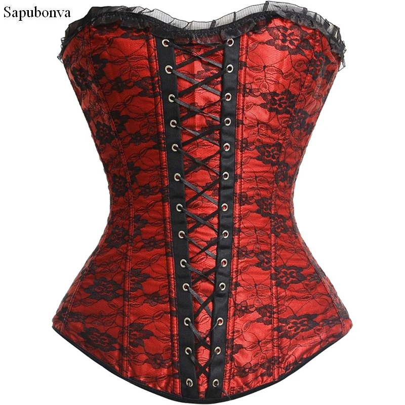 

Sapubonva Women's Lace Up Boned Plus Size Sexy Overbust Corset Bustier Top Gothic Burlesque Victorian Floral Corselet Red S-6XL