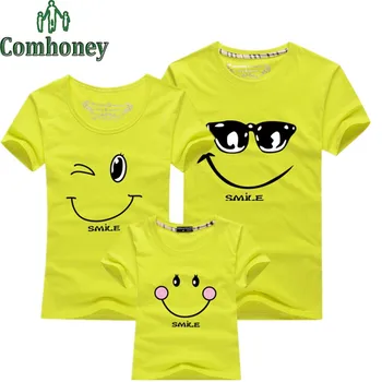 Summer Family Matching Clothes Smiley Print Child Parent Home Member Love Smile T-Shirt Father Mother Kids Outfits Cotton Tees